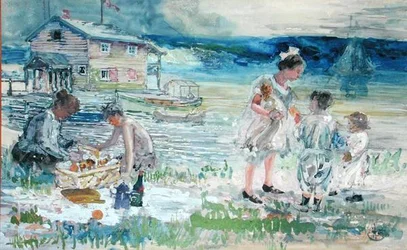 Picknick på stranden (akvarell på papper)
