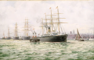 White Star Lines ångfartyg "Adriatic" lämnar Liverpool, slutet av 1800-talet (oljemålning)