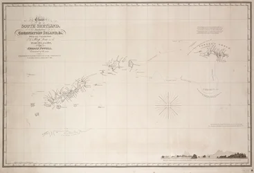 Sjökort över Sydshetlandsöarna inklusive Coronation Island, efter slupen Doves utforskning under åren 1821 och 1822 under George Powell, samma fartygs befälhavare
