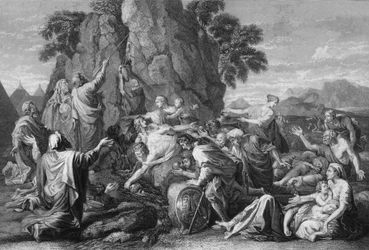 Moses slog klippan två gånger, och vattnet kom ut rikligt, 1840.