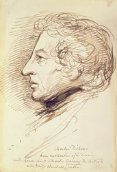 Porträtt av Charles Dickens (1812-70) (penna och brunt bläck på papper)
