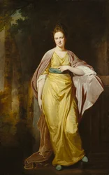 Porträtt av Mrs. Ellen Morewood, stående i full längd, i en gul klänning, blått skärp och lila omslag, lutande sin vänstra arm på en piedestal,