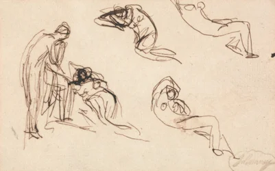En stående figur och fyra liggande figurer