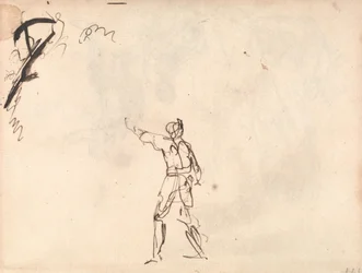 Stående figur med upplyft arm, möjligen Macbeth