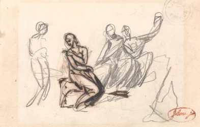 Tre sittande figurer och en stående figur