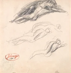Tre skisser av en sovande figur, troligen Adam och Eva för "Satan Discovered at the Ear of Eve"