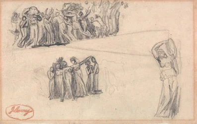 Två skisser av kvinnor och barn som flyr och stående kvinnofigur som spelar tamburin som för Lady Anne Leveson i "Dancing Gower Children"