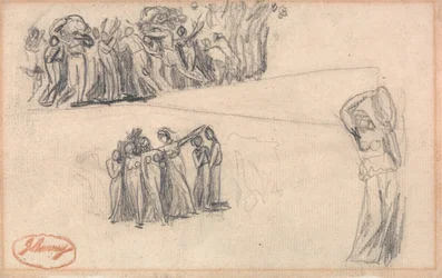 Två skisser av kvinnor och barn på flykt samt en stående kvinnogestalt som spelar tamburin, avsedd för Lady Anne Leveson i ”Dancing Gower Children”