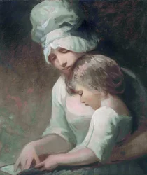 "A Mother and Child Reading" (A Mother and Child Reading) (Mrs Cumberland och hennes son) Målning av George Romney (1734-1802) - Olja på duk Dim 63,5x53,7 cm Privat samling