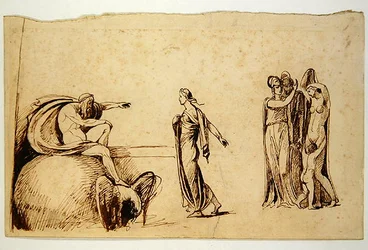 Zeus med andra mytologiska figurer (penna och bläck på papper) (se 270960 för recto)