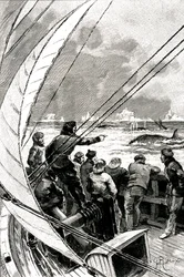 Till sjöss mot polen: besättningen på ett fartyg (segelbåt) ser en grupp valar. Illustration av romanen av Jules Verne (1828-1905) "" Issfinxen ""