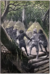 Illustration av George Roux till Jules Vernes bok "The Aerien Village" (1901), Hetzel edition/Extraordinary Voyages, Known and Unknown Worlds. Upptäcktsresenärernas ankomst till byn som är uppflugen i träden av Wagddis (apor i den kongolesiska skogen)