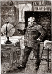 J. T. Maston, matematiker och äventyrare, sekreterare i Gun-Club, huvudperson i Jules Vernes roman "Sans dessus dessous", samling Hetzel / voyages extraordinaires 1889. Teckning av George Roux.
