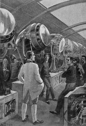 Mekaniker framför sina maskiner, teckning av Roux i "The day of an American journalist in 2889" av Jules Verne