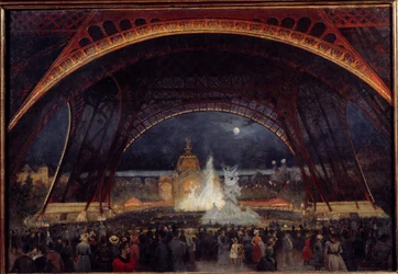 Nattfest på 1889 års världsutställning under Eiffeltornet Målning av Georges Roux (1800-talet) 1889 Sön. 0,95x0,65 m Paris, Musee Carnavalet