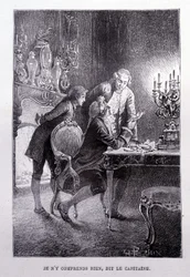 Unga Jim Hawkins, Chevalier Trelawnay och Doctor Livesey försonas i ett vardagsrum - i "L