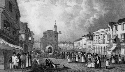 High Street, Maidstone, A Market Day, graverad av S. Lacey, publicerad 1832