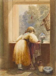Tittar från ett fönster på övervåningen, 1832 (wc på papper)