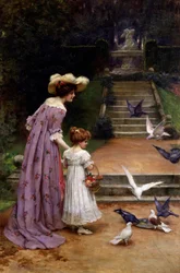 Matar duvorna. En mor och dotter matar fåglar i en park. En fontän är avbildad högst upp på trappan. Målning av George Sheridan Knowles (1863-1931 brittisk) Privat samling