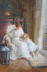 Mor och dotter vid tedagsstund (olja på duk)
