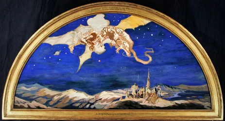 The Dragon Passing Over Travellers (akvarell med kroppsfärg & guld på siden)