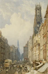 Fleet Street ser upp till Temple Bar med Old St. Dunstans och St. Clement Danes, 1834