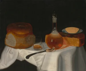 Stilleben av bröd, smör och ost