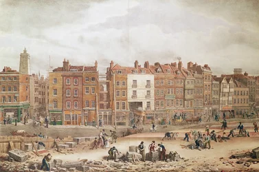 En vy av High Street Southwark som är den gamla vägen (färggravyr)
