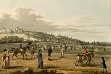 Recension av de engelska trupperna i Montmartre av hertigen av Wellington, 21 oktober 1815, graverad av M. Dubourg, 1817