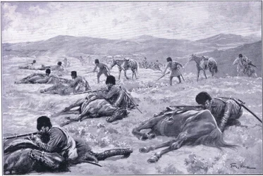 En kosack och hans häst: en anordning för att säkra skydd under en skärmytsling, illustration från Cassells History of the Russo-Japanese War Vol 1, c.1900