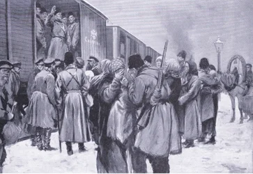 Ryska truppers avresa till Fjärran Östern, illustration från Cassells History of the Russian-Japanese War Vol 1, c.1900