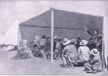 Gudstjänst i ett boerflyktingläger, från After Pretoria: The Guerilla War publicerad av Harmsworth Bros Limited, 1901