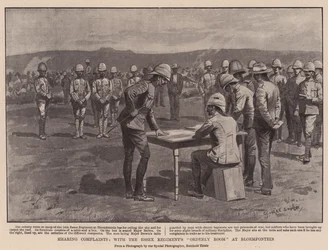 Utfrågning av klagomål, med Essex Regiments Orderly Room i Bloemfontein