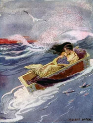 Perseus: "Och bort och ut till havet flöt modern och hennes bebis" (färg litho)