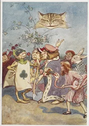 Cheshire-katten tittar på Alice och spelkortsbödeln tillsammans med andra