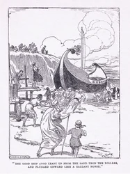 Det goda skeppet Argo hoppade upp ur sanden på rullar och störtade framåt som en galant häst, från The Heroes publicerad av George Allen och Unwin 1929