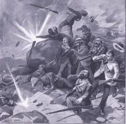 Johannesburgpolisens sista läktare i Bergendal, illustration från After Pretoria: The Guerilla War, 1902