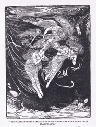 Vattennymferna bar honom nerför sjön till sin lekkamrat, från The Heroes publicerad av George Allen och Unwin 1929 (litho)
