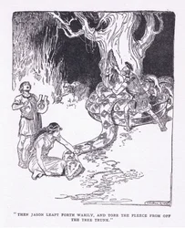 Sedan hoppade Jason trött fram och slet av fleece från trädstammen, från The Heroes publicerad av George Allen och Unwin 1929 (litho)