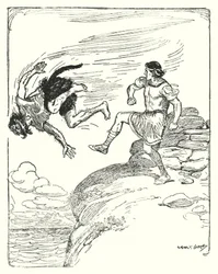 Theseus: "Han sparkade honom över klippan i havet" (litho)