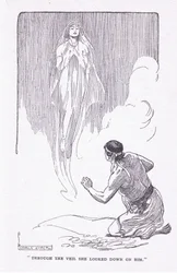 Genom slöjan såg hon ner på honom, från The Heroes publicerad av George Allen och Unwin 1929