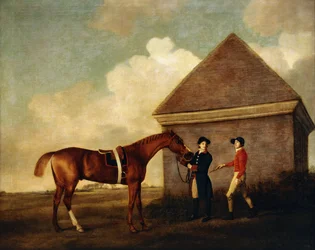 ”Eclipse”, en mörkt kastanjebrun kapplöpningshäst som hålls av en hästskötare, med en jockey, möjligen Jack Oakley, vid Rubbing Down House i Newmarket, 1770