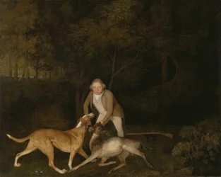 Freeman, earlen av Clarendons viltvårdare, med en döende hind och en hund