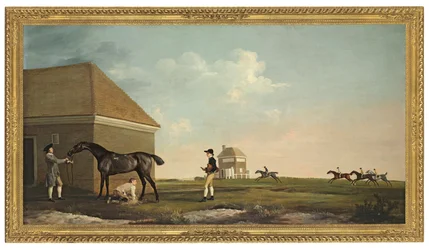Gimcrack på Newmarket Heath med en tränare, en jockey och en stabil pojke