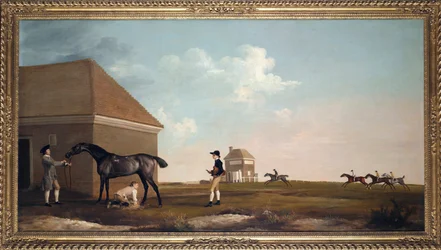 ""Gimcrack-tävlingshästen på Newmarket Heath med tränare, pojke och jockey"" Målning av George Stubbs (1724-1806) 1765 Dim 101,6x194 cm Privat samling