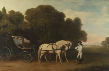Phaeton med ett par gräddponnyer och en stallgubb