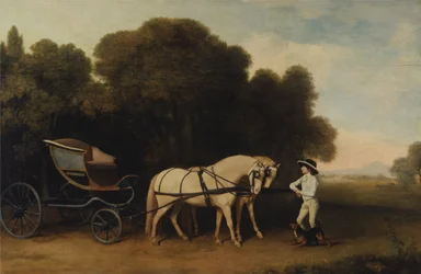 Phaeton med ett par gräddfärgade ponnyer och en stalldräng