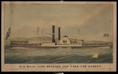 US Mail Line mellan New York och Albany dagligen kl. 17.00.... (litografi, färglagd)