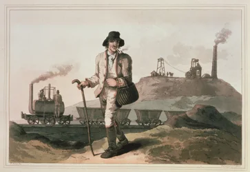 Blenkinsop lokomotiv vid Middleton colliery nära Leeds, graverad av Robert och Daniel Havell, 1814