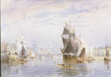 Litet hantverk på floden vid Whitby vid Whitby Bridge, 1877 (wc och utskrapa)